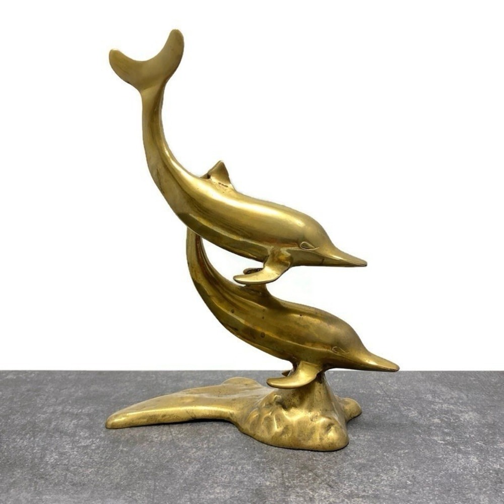 Vintage Solid‎ Brass Pair of Dolphins Swimming Statue 11" Tall Sculpture India